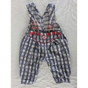 Vtg 3-6 MO Oshkosh B’Gosh Blue Plaid Star Overalls Vestbak USA Patriotic Cotton